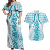 Aloha Hawaii Palaka Couples Matching Off Shoulder Maxi Dress and Hawaiian Shirt Blue Plumeria Lei LT05 Blue - Polynesian Pride