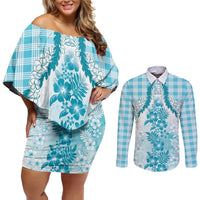 Aloha Hawaii Palaka Couples Matching Off Shoulder Short Dress and Long Sleeve Button Shirt Blue Plumeria Lei LT05 Blue - Polynesian Pride
