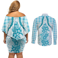 Aloha Hawaii Palaka Couples Matching Off Shoulder Short Dress and Long Sleeve Button Shirt Blue Plumeria Lei LT05 - Polynesian Pride