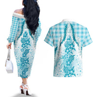 Aloha Hawaii Palaka Couples Matching Off The Shoulder Long Sleeve Dress and Hawaiian Shirt Blue Plumeria Lei LT05 - Polynesian Pride