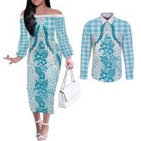 Aloha Hawaii Palaka Couples Matching Off The Shoulder Long Sleeve Dress and Long Sleeve Button Shirt Blue Plumeria Lei LT05 Blue - Polynesian Pride