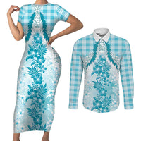 Aloha Hawaii Palaka Couples Matching Short Sleeve Bodycon Dress and Long Sleeve Button Shirt Blue Plumeria Lei LT05 Blue - Polynesian Pride