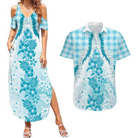 Aloha Hawaii Palaka Couples Matching Summer Maxi Dress and Hawaiian Shirt Blue Plumeria Lei LT05 Blue - Polynesian Pride