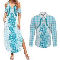 Aloha Hawaii Palaka Couples Matching Summer Maxi Dress and Long Sleeve Button Shirt Blue Plumeria Lei - Polynesian Pride