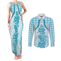 Aloha Hawaii Palaka Couples Matching Tank Maxi Dress and Long Sleeve Button Shirt Blue Plumeria Lei LT05 Blue - Polynesian Pride