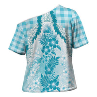 Aloha Hawaii Palaka Cross Shoulder Shirt Blue Plumeria Lei - Polynesian Pride
