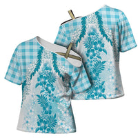 Aloha Hawaii Palaka Cross Shoulder Shirt Blue Plumeria Lei - Polynesian Pride