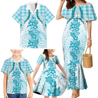 Aloha Hawaii Palaka Family Matching Mermaid Dress and Hawaiian Shirt Blue Plumeria Lei LT05 - Polynesian Pride