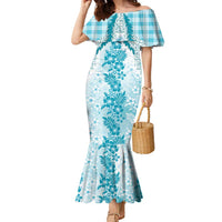 Aloha Hawaii Palaka Family Matching Mermaid Dress and Hawaiian Shirt Blue Plumeria Lei LT05 Mom's Dress Blue - Polynesian Pride