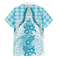 Aloha Hawaii Palaka Family Matching Off Shoulder Short Dress and Hawaiian Shirt Blue Plumeria Lei LT05 - Polynesian Pride