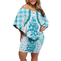 Aloha Hawaii Palaka Family Matching Off Shoulder Short Dress and Hawaiian Shirt Blue Plumeria Lei LT05 Mom's Dress Blue - Polynesian Pride