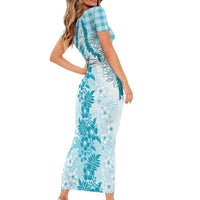 Aloha Hawaii Palaka Family Matching Short Sleeve Bodycon Dress and Hawaiian Shirt Blue Plumeria Lei LT05 - Polynesian Pride