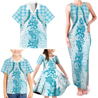 Aloha Hawaii Palaka Family Matching Tank Maxi Dress and Hawaiian Shirt Blue Plumeria Lei LT05 - Polynesian Pride