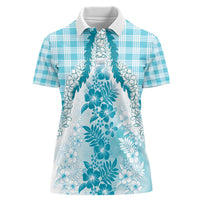 Aloha Hawaii Palaka Women Polo Shirt Blue Plumeria Lei - Polynesian Pride