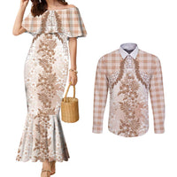 Aloha Hawaii Palaka Couples Matching Mermaid Dress and Long Sleeve Button Shirt Beige Plumeria Lei LT05 Beige - Polynesian Pride