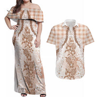 Aloha Hawaii Palaka Couples Matching Off Shoulder Maxi Dress and Hawaiian Shirt Beige Plumeria Lei LT05 Beige - Polynesian Pride