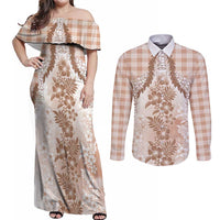 Aloha Hawaii Palaka Couples Matching Off Shoulder Maxi Dress and Long Sleeve Button Shirt Beige Plumeria Lei LT05 Beige - Polynesian Pride