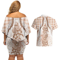 Aloha Hawaii Palaka Couples Matching Off Shoulder Short Dress and Hawaiian Shirt Beige Plumeria Lei LT05 - Polynesian Pride