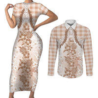 Aloha Hawaii Palaka Couples Matching Short Sleeve Bodycon Dress and Long Sleeve Button Shirt Beige Plumeria Lei LT05 Beige - Polynesian Pride