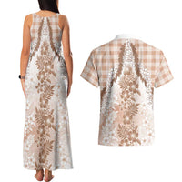 Aloha Hawaii Palaka Couples Matching Tank Maxi Dress and Hawaiian Shirt Beige Plumeria Lei LT05 - Polynesian Pride