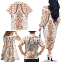 Aloha Hawaii Palaka Family Matching Off The Shoulder Long Sleeve Dress and Hawaiian Shirt Beige Plumeria Lei LT05 - Polynesian Pride