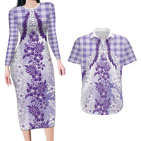 Aloha Hawaii Palaka Couples Matching Long Sleeve Bodycon Dress and Hawaiian Shirt Purple Plumeria Lei LT05 Purple - Polynesian Pride