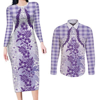 Aloha Hawaii Palaka Couples Matching Long Sleeve Bodycon Dress and Long Sleeve Button Shirt Purple Plumeria Lei LT05 Purple - Polynesian Pride