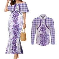 Aloha Hawaii Palaka Couples Matching Mermaid Dress and Long Sleeve Button Shirt Purple Plumeria Lei LT05 Purple - Polynesian Pride