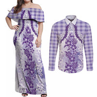 Aloha Hawaii Palaka Couples Matching Off Shoulder Maxi Dress and Long Sleeve Button Shirt Purple Plumeria Lei LT05 Purple - Polynesian Pride