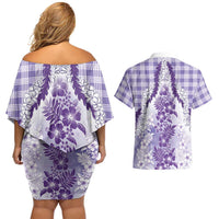 Aloha Hawaii Palaka Couples Matching Off Shoulder Short Dress and Hawaiian Shirt Purple Plumeria Lei LT05 - Polynesian Pride