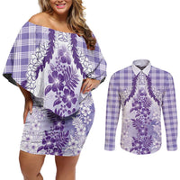 Aloha Hawaii Palaka Couples Matching Off Shoulder Short Dress and Long Sleeve Button Shirt Purple Plumeria Lei LT05 Purple - Polynesian Pride