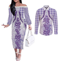 Aloha Hawaii Palaka Couples Matching Off The Shoulder Long Sleeve Dress and Long Sleeve Button Shirt Purple Plumeria Lei LT05 Purple - Polynesian Pride