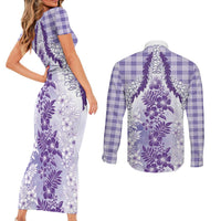 Aloha Hawaii Palaka Couples Matching Short Sleeve Bodycon Dress and Long Sleeve Button Shirt Purple Plumeria Lei LT05 - Polynesian Pride