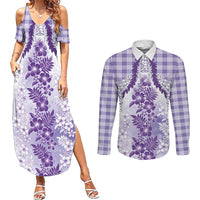 Aloha Hawaii Palaka Couples Matching Summer Maxi Dress and Long Sleeve Button Shirt Purple Plumeria Lei LT05 Purple - Polynesian Pride