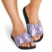 Aloha Hawaii Palaka Slide Sandals Purple Plumeria Lei - Polynesian Pride
