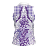 Aloha Hawaii Palaka Women Sleeveless Polo Shirt Purple Plumeria Lei LT05 - Polynesian Pride