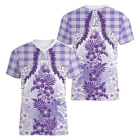 Aloha Hawaii Palaka Women V-Neck T-Shirt Purple Plumeria Lei LT05 - Polynesian Pride