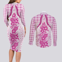 Aloha Hawaii Palaka Couples Matching Long Sleeve Bodycon Dress and Long Sleeve Button Shirt Pink Plumeria Lei LT05 - Polynesian Pride