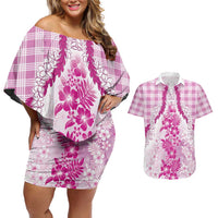 Aloha Hawaii Palaka Couples Matching Off Shoulder Short Dress and Hawaiian Shirt Pink Plumeria Lei LT05 Pink - Polynesian Pride
