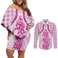 Aloha Hawaii Palaka Couples Matching Off Shoulder Short Dress and Long Sleeve Button Shirt Pink Plumeria Lei LT05 Pink - Polynesian Pride
