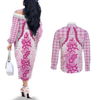 Aloha Hawaii Palaka Couples Matching Off The Shoulder Long Sleeve Dress and Long Sleeve Button Shirt Pink Plumeria Lei LT05 - Polynesian Pride