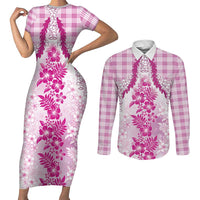 Aloha Hawaii Palaka Couples Matching Short Sleeve Bodycon Dress and Long Sleeve Button Shirt Pink Plumeria Lei LT05 Pink - Polynesian Pride