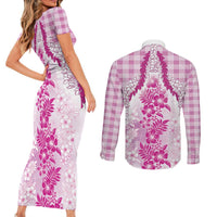 Aloha Hawaii Palaka Couples Matching Short Sleeve Bodycon Dress and Long Sleeve Button Shirt Pink Plumeria Lei LT05 - Polynesian Pride