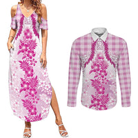 Aloha Hawaii Palaka Couples Matching Summer Maxi Dress and Long Sleeve Button Shirt Pink Plumeria Lei LT05 Pink - Polynesian Pride