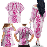 Aloha Hawaii Palaka Family Matching Off The Shoulder Long Sleeve Dress and Hawaiian Shirt Pink Plumeria Lei LT05 - Polynesian Pride