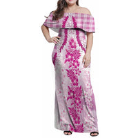 Aloha Hawaii Palaka Family Matching Off Shoulder Maxi Dress and Hawaiian Shirt Pink Plumeria Lei LT05 Mom's Dress Pink - Polynesian Pride