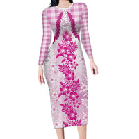 Aloha Hawaii Palaka Long Sleeve Bodycon Dress Pink Plumeria Lei - Polynesian Pride