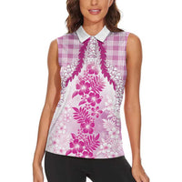 Aloha Hawaii Palaka Women Sleeveless Polo Shirt Pink Plumeria Lei LT05 - Polynesian Pride