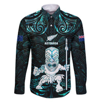 Custom New Zealand Maori Taiaha Family Matching Mermaid Dress and Hawaiian Shirt Tiki Warrior Paua Shell LT05 Dad's Shirt - Long Sleeve Black - Polynesian Pride