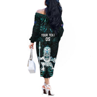 Custom New Zealand Maori Taiaha Off The Shoulder Long Sleeve Dress Tiki Warrior Paua Shell LT05 - Polynesian Pride